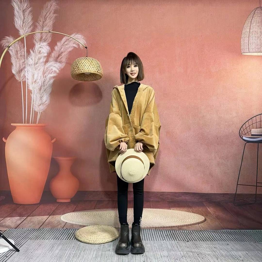 【沐木流浪记】土黄色灯芯绒细纹连帽四兜女装风衣外套z925