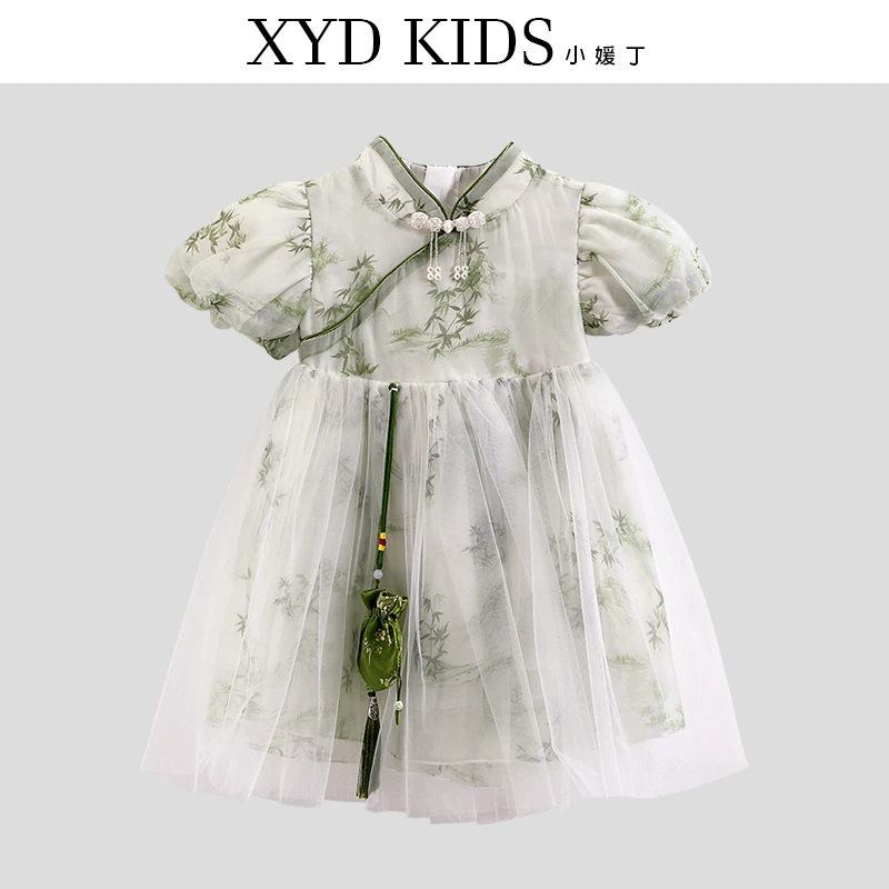 【清仓】2024新款夏季国风竹叶晕染女童连衣裙