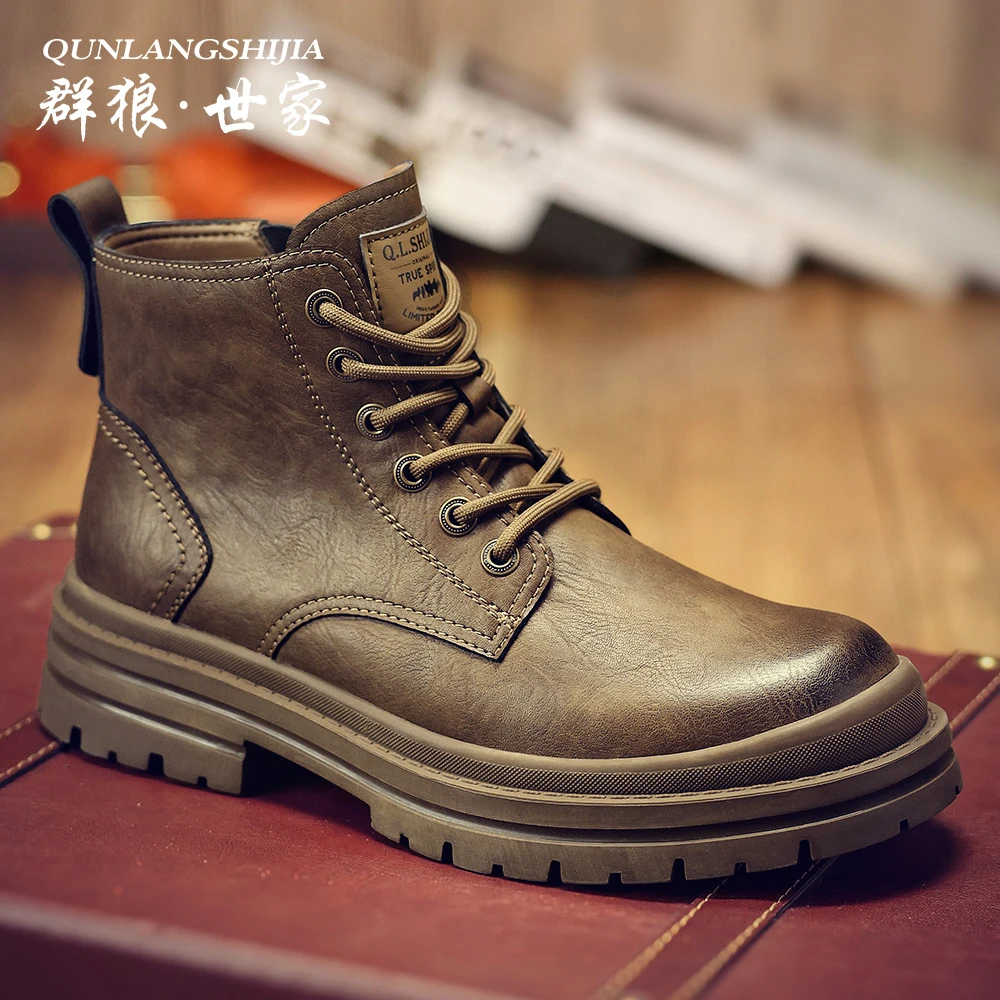群狼·世家休闲马丁靴男秋冬新款百搭真皮复古男靴厚底高帮工装靴