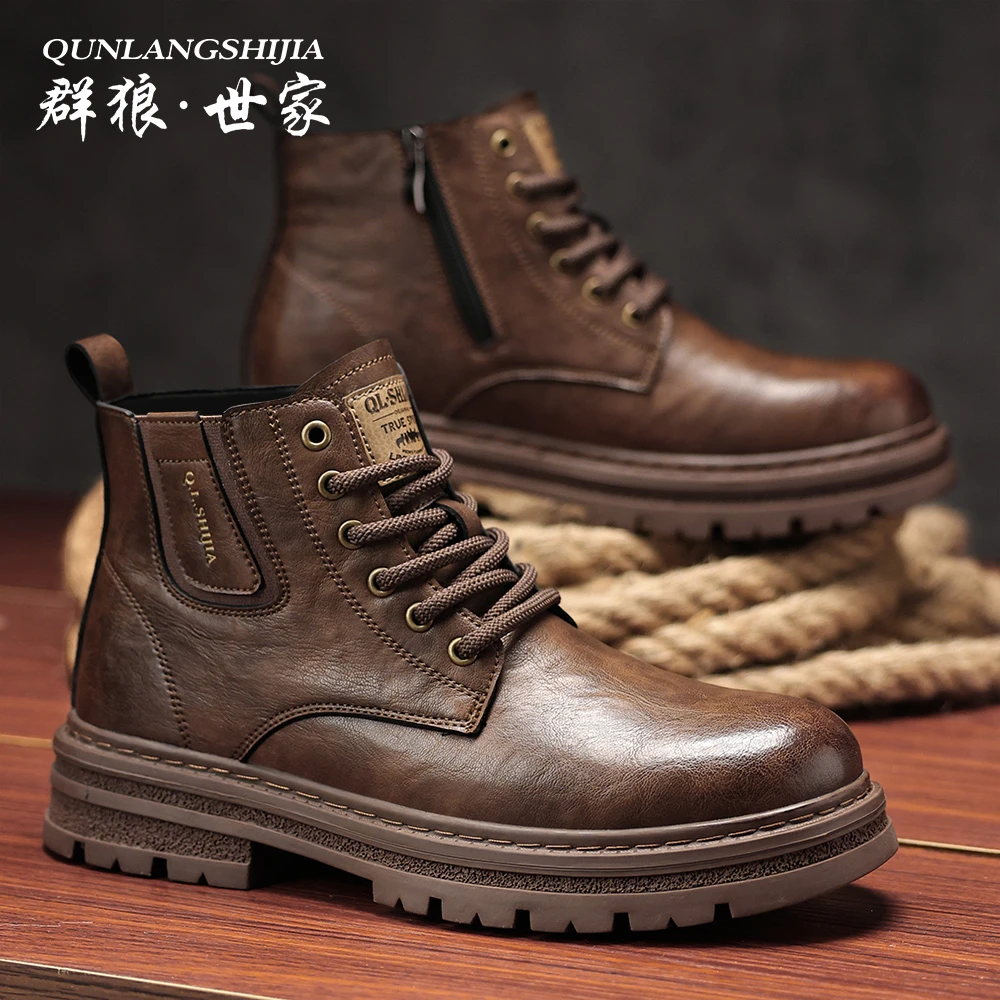 群狼·世家2024新款马丁靴男复古风高帮棉鞋男士加绒保暖雪地靴