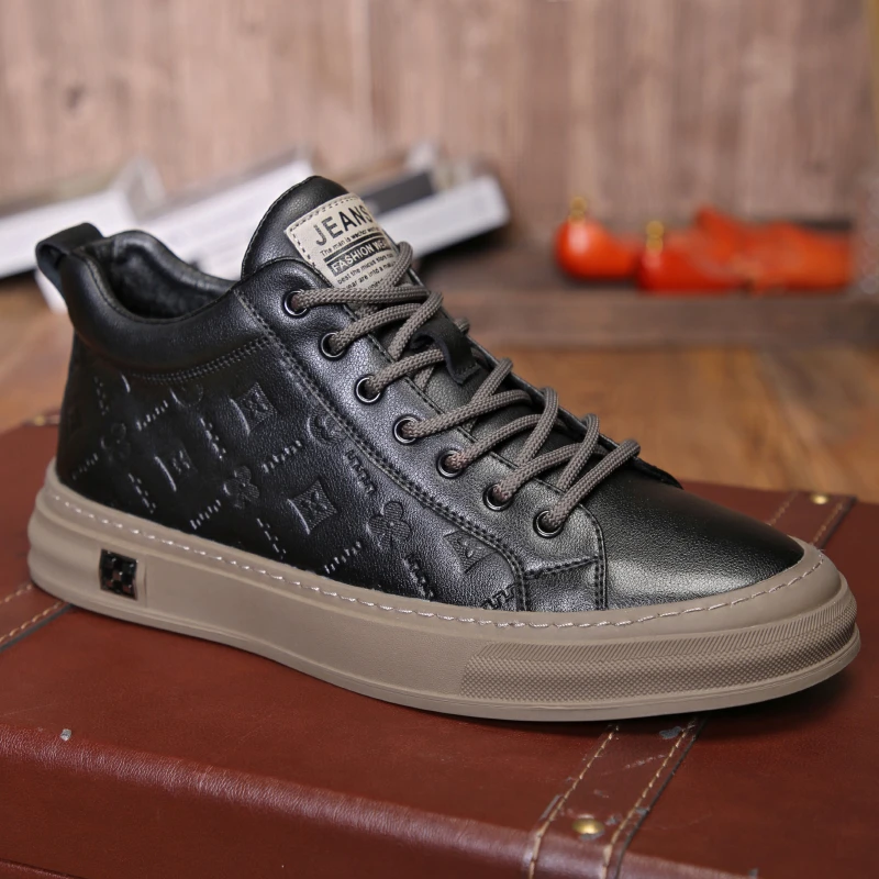 皮鞋男款2022新款秋冬运动休闲高帮鞋子软底潮流加绒真皮马丁靴男