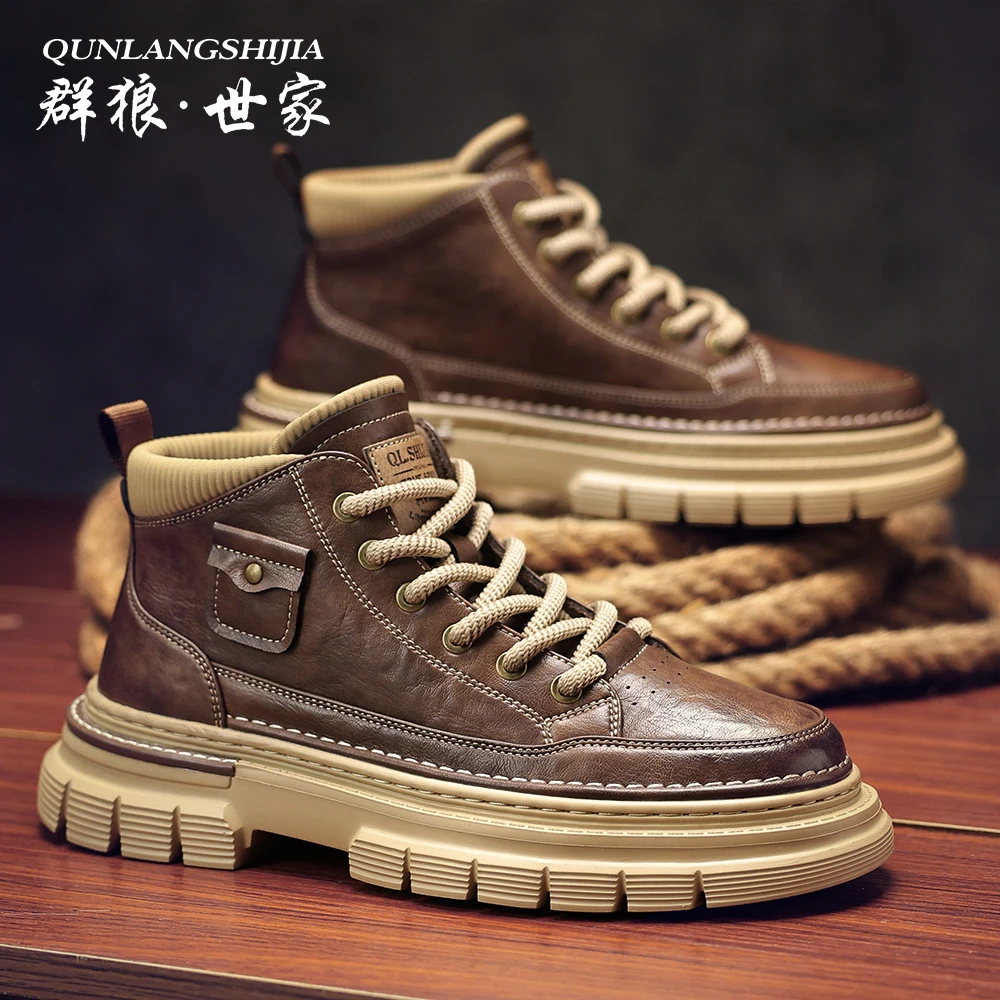 群狼·世家男士马丁靴男款秋冬复古百搭中帮加厚增高英伦风男靴子
