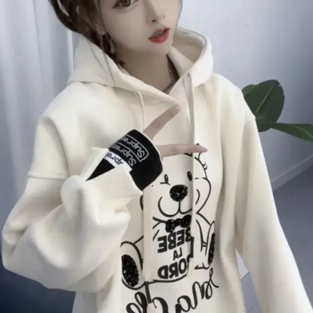 小熊秋冬百搭连帽加绒加厚卫衣慵懒风中长款宽松上衣印花休闲冬季