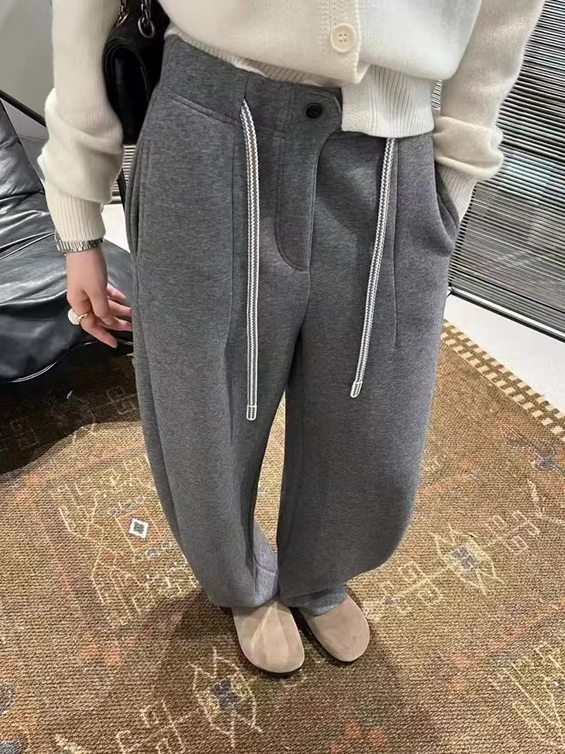 NXX 2024秋冬加绒加厚新款系带松紧腰休闲卫裤阔腿裤百搭长裤女