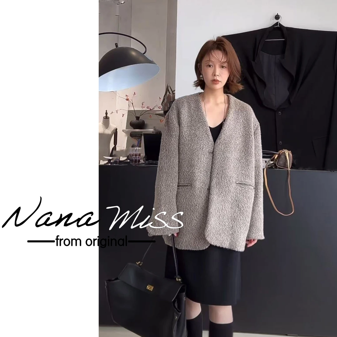 【进口面料-卷卷毛】秋冬阿尔巴卡美丽奴羊毛混纺外套宽松V领外套