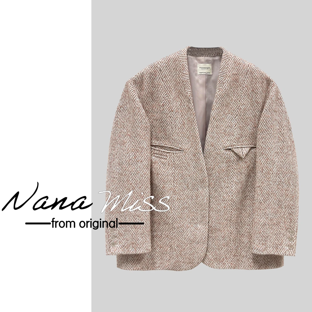 【意式高端线】2024秋新款羊毛羊驼毛混纺鱼骨纹廓形宽松西装外套