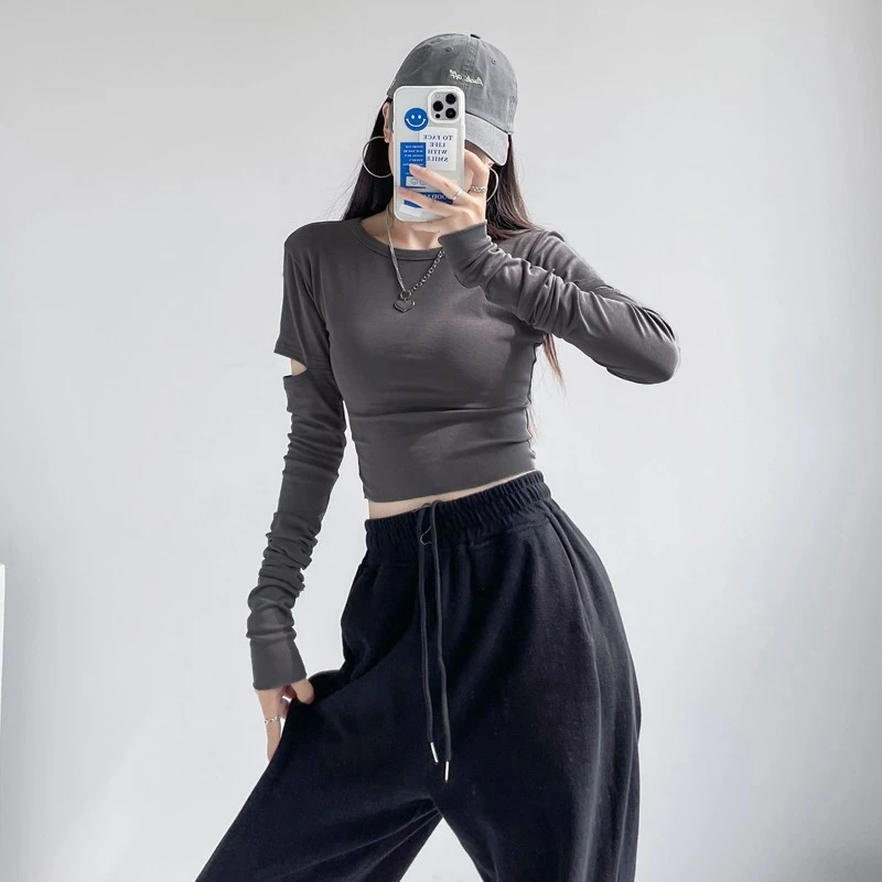 春秋冬割破袖设计感长袖打底衫女洋气爵士舞T恤短款高腰修身上衣