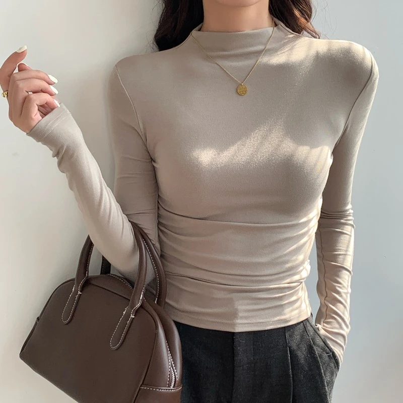 黑色半高领正肩打底衫女秋冬季长袖褶皱t恤收腰修身显瘦内搭上衣