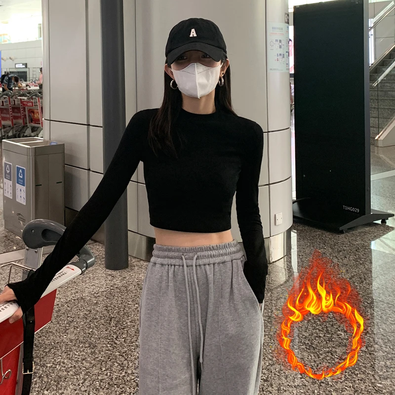 正肩短款秋冬磨毛加厚T恤打底衫女2025新款黑色紧身圆领露脐上衣