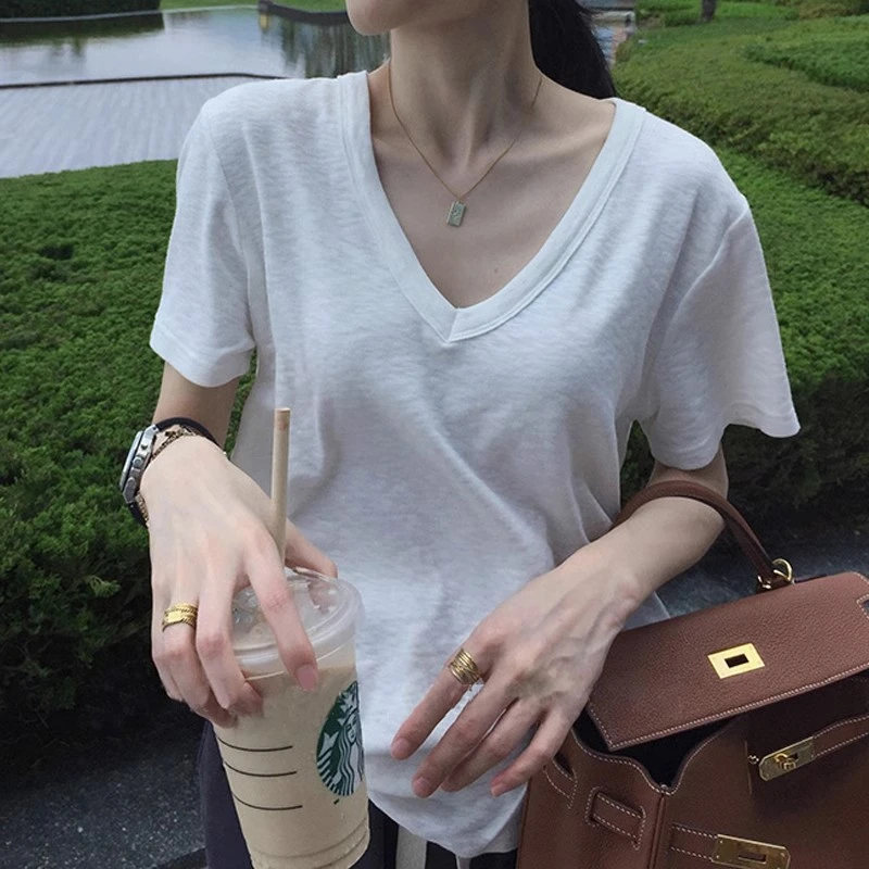 白色v领短袖t恤女夏季新款正肩宽松纯棉内搭遮肉显瘦百搭纯色上衣