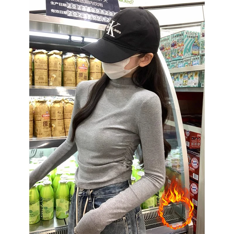 纯色加厚秋冬打底衫长袖修身显瘦百搭T恤女保暖半高领加绒上衣潮