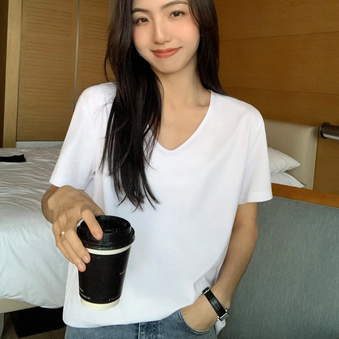 白色v领正肩短袖t恤女纯棉夏季韩版叠穿宽松百搭显瘦纯色休闲上衣