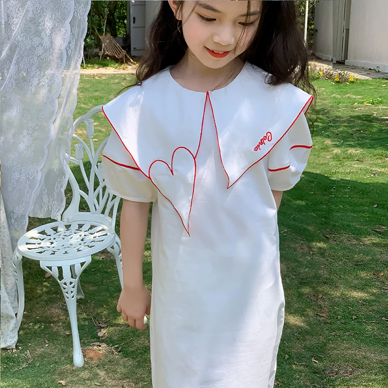 儿童短袖刺绣连衣裙夏装韩版潮妞公主裙中大女童学院风长裙母女装