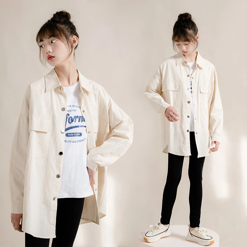 中大童开衫外套2024秋季宽松休闲衬衣初中女生纯棉时尚中长款衬衫