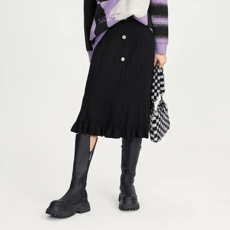 L609荷叶边针织长裙