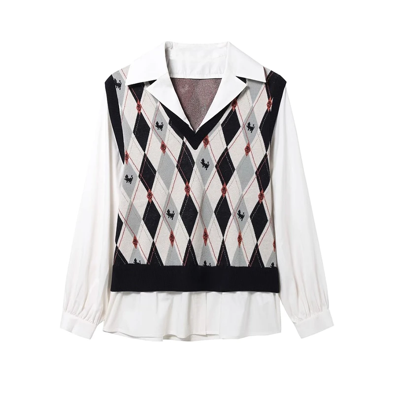 Z357撞色格纹假两件套头衫