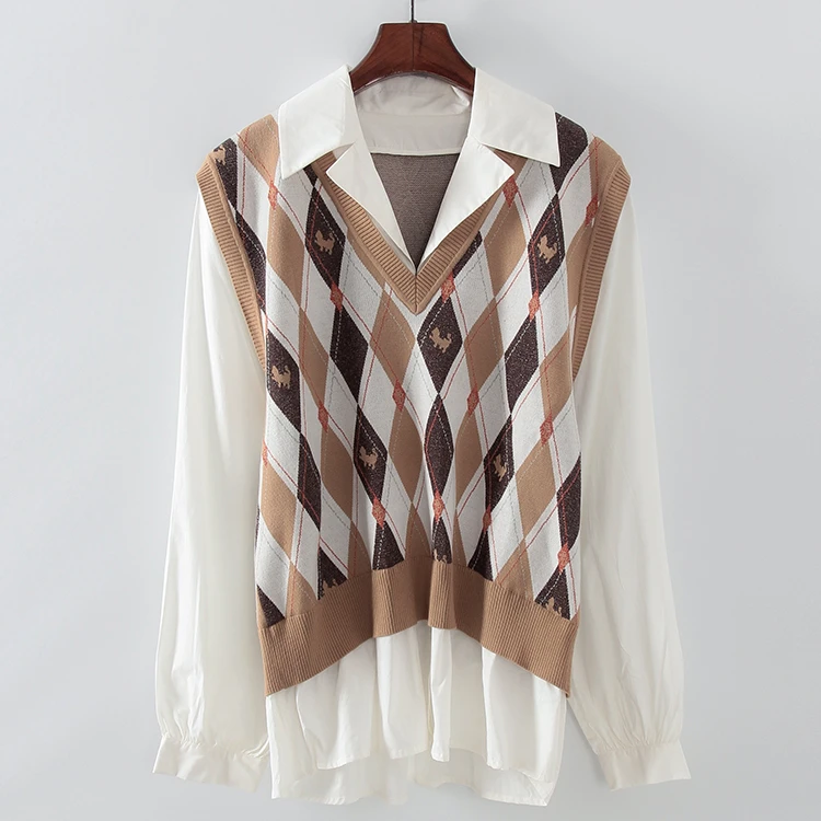 L162    撞色格纹假两件套头衫