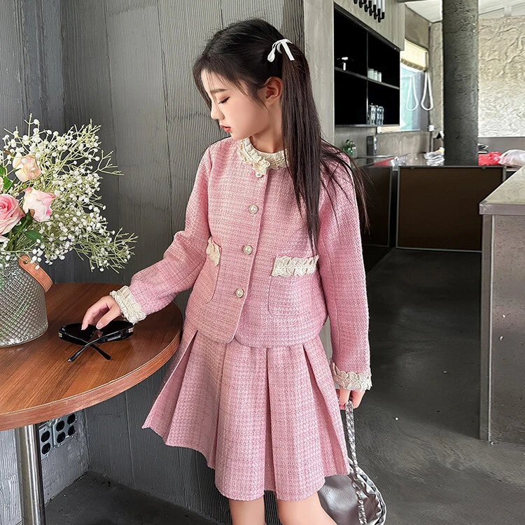 女童小香风套装2024春秋新款公主风小女孩花边百褶裙两件套