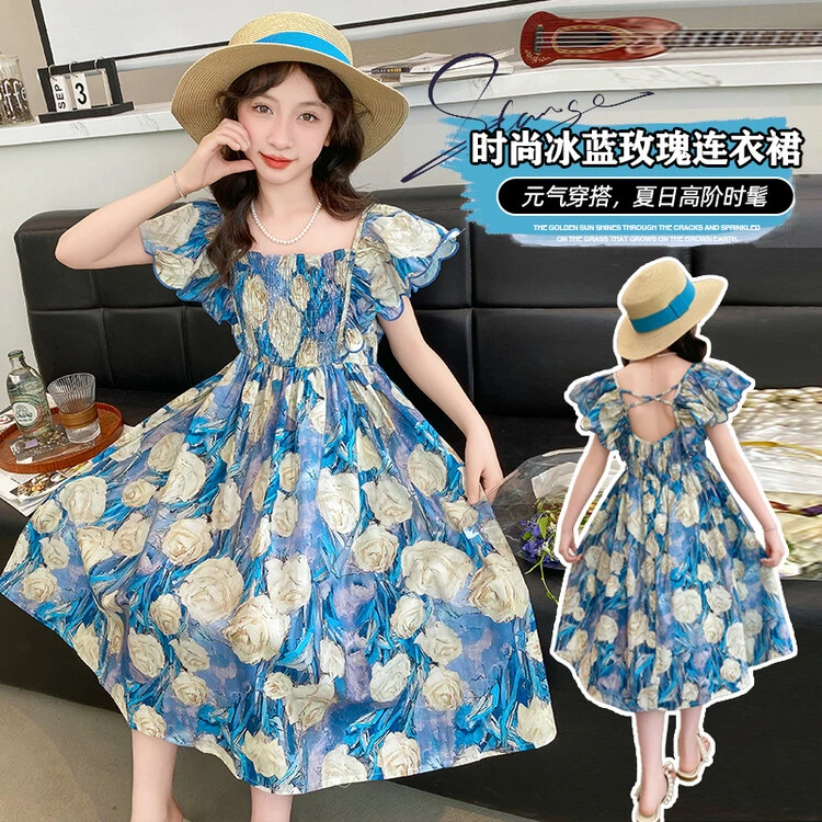 女童连衣裙夏装新款洋气儿童夏季公主裙小女孩儿童飞袖碎花裙子