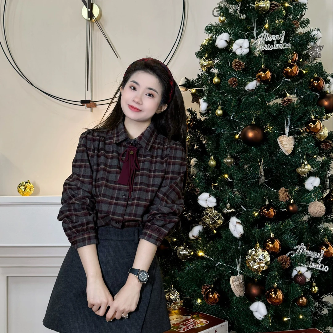 【PGXIAOM】润秀定制复古蝴蝶结格纹衬衣CY9589