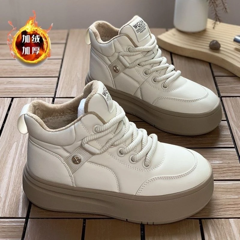 加绒高帮鞋女冬季2024新款百搭面包鞋休闲爆款厚底小白鞋大棉女鞋
