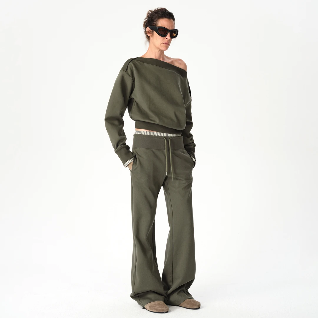 SMIIILE条纹拼接抽绳双腰头休闲微喇长裤