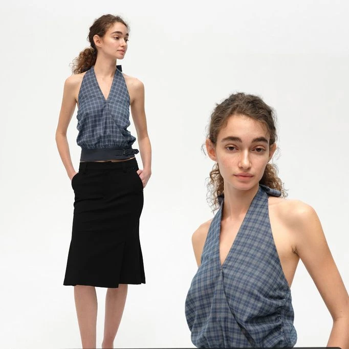 SMIIILE原创格纹露背绑带挂脖背心女夏外穿设计感短款无袖上衣