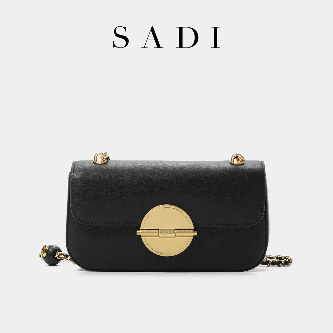 SADI/萨迪时尚百搭女士真皮单肩斜跨包黑色轻奢复古小众经典翻盖