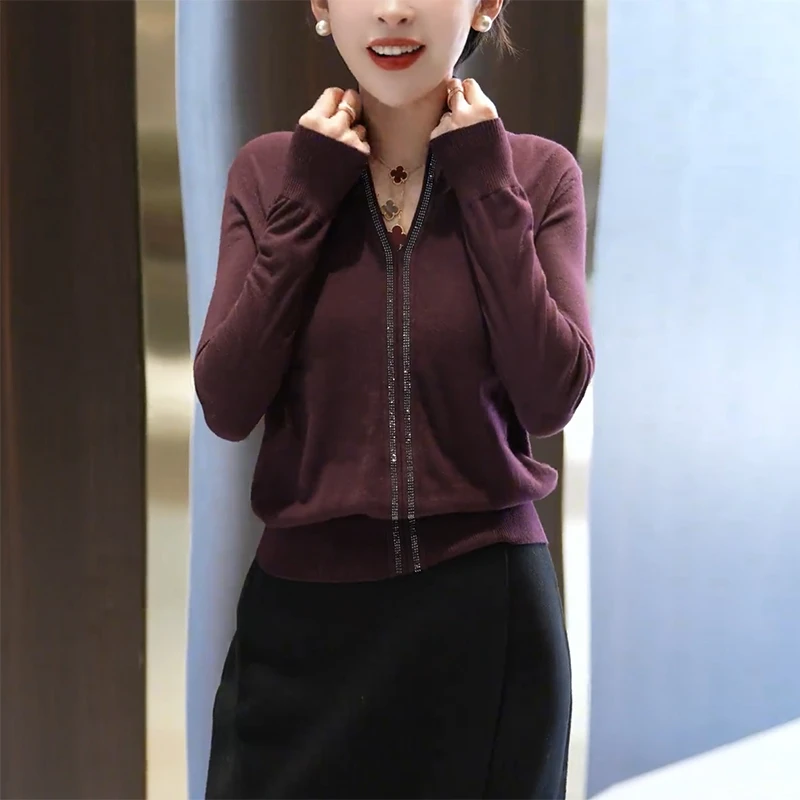 重工镶钻v领针织衫女2025春秋新款时髦减龄打底毛衣设计感上衣紫