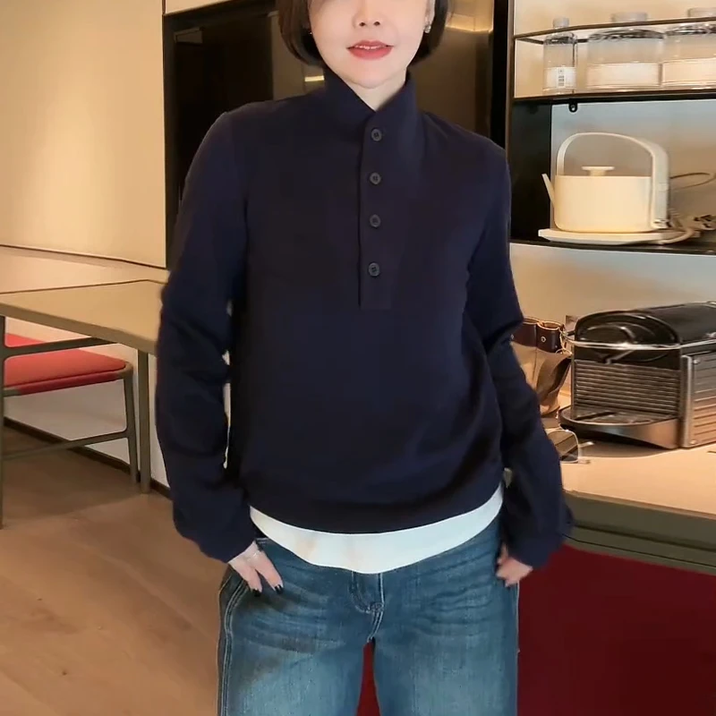 藏青色立领长袖t恤女2024春秋季新款内搭时尚气质打底衫短款上衣