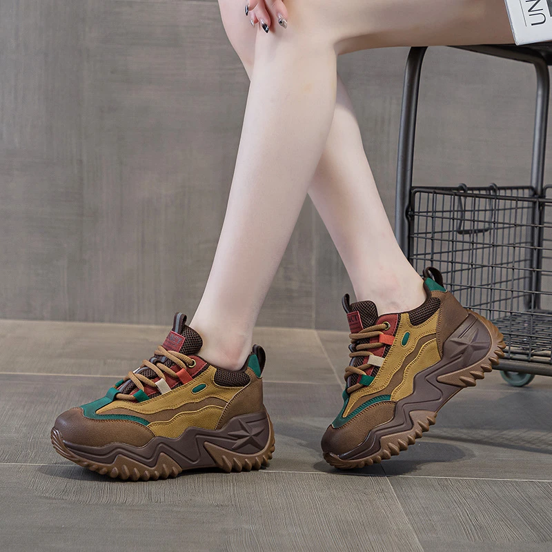 【增高7CM】真皮复古擦色2025新款爆款百搭春秋季厚底运动休闲女鞋