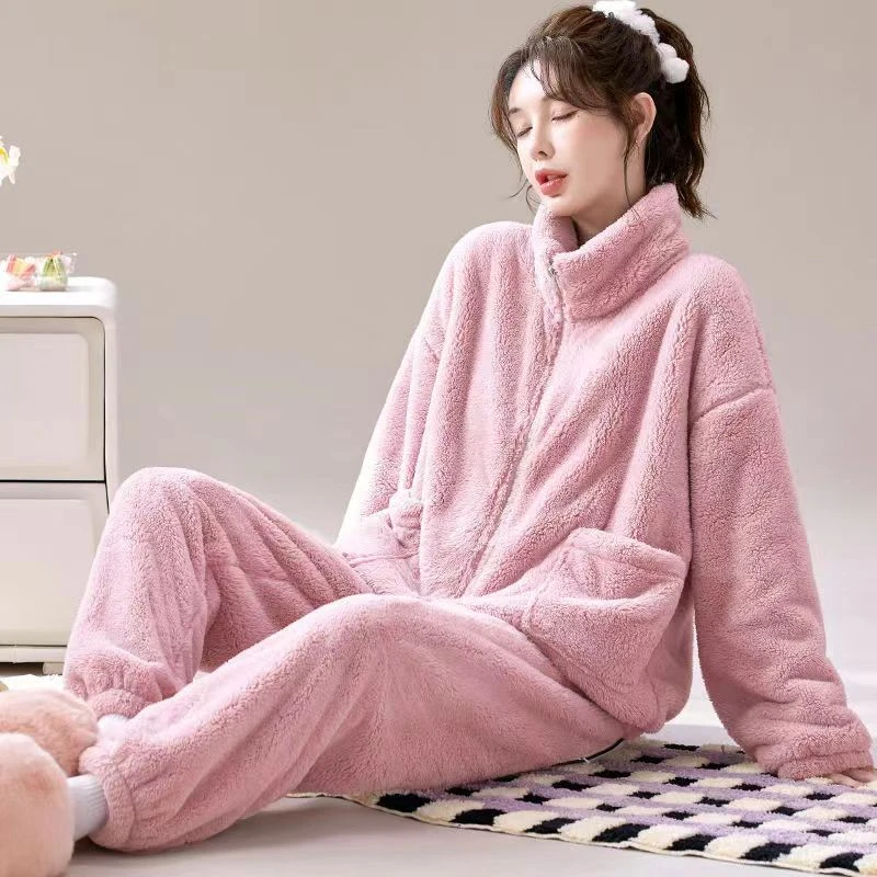 粉色高领女士新款秋冬舒面绒家居服可外穿加厚加绒保暖睡衣套装
