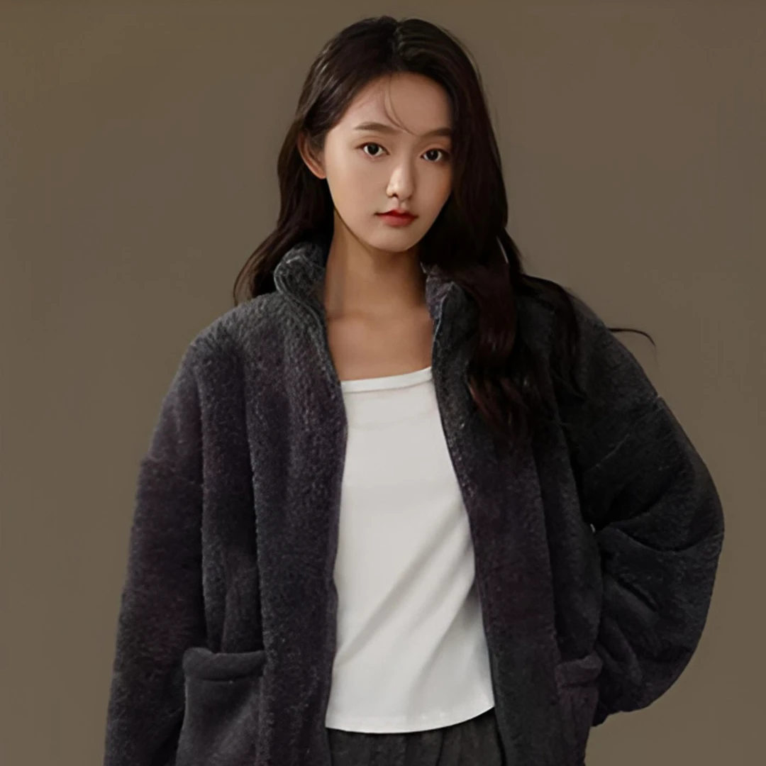 灰色高领女士新款秋冬舒面绒家居服外穿加厚加绒保暖睡衣套装