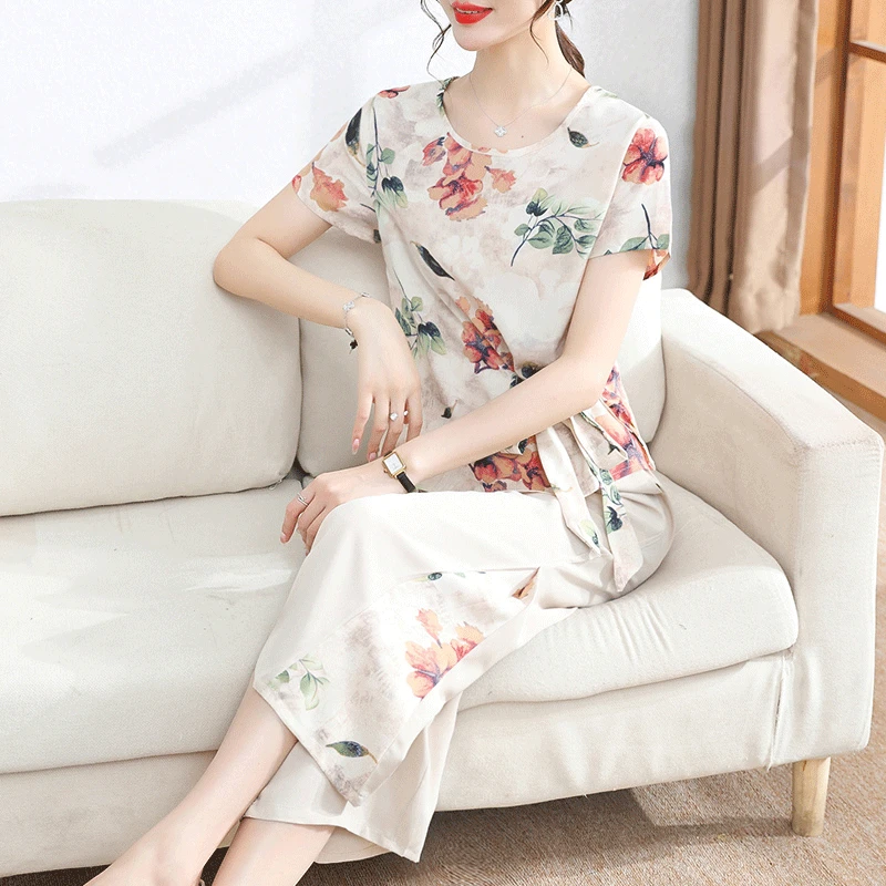 妈妈装2023夏装新款时尚套装短袖雪纺小衫洋气t恤中老年女装衣服