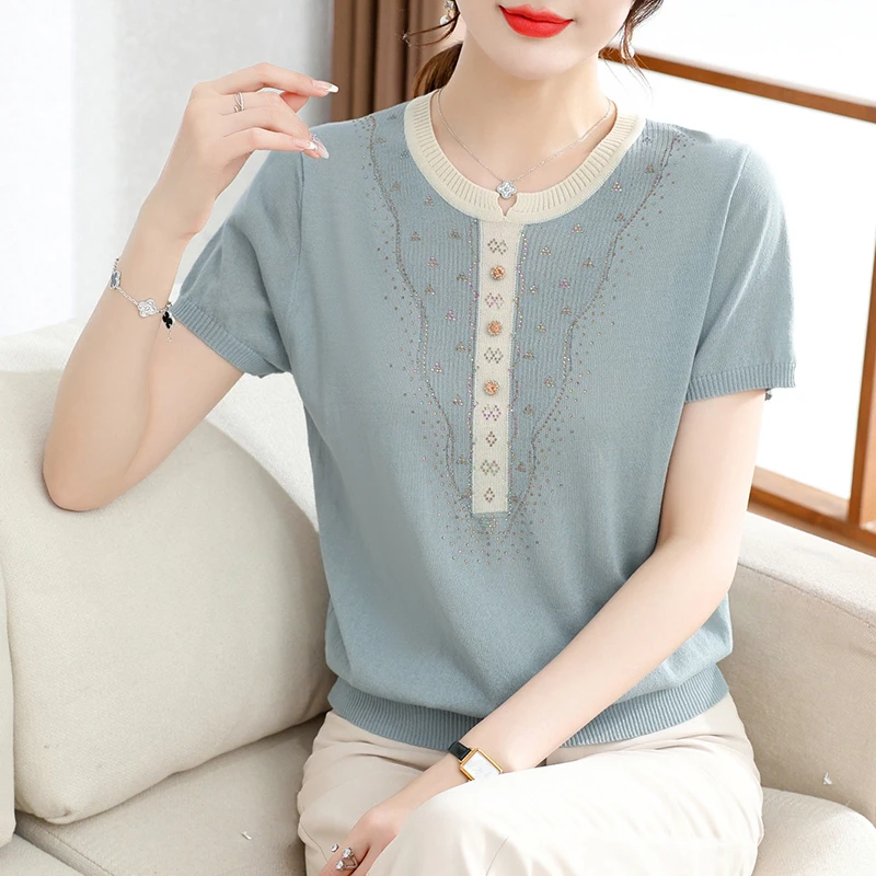 妈妈夏装短袖冰丝上衣洋气新款中老年女夏季圆领薄款小衫裤子套装
