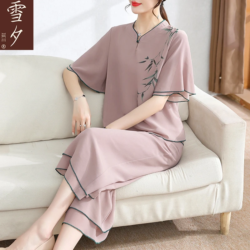 母亲节妈妈夏装时尚雪纺套装50岁中老年女装大码短袖t恤薄款小衫