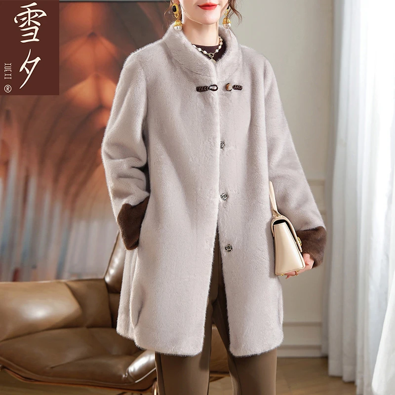 高贵妈妈秋冬装水貂绒外套长款中老年女新款时尚皮毛一体大衣