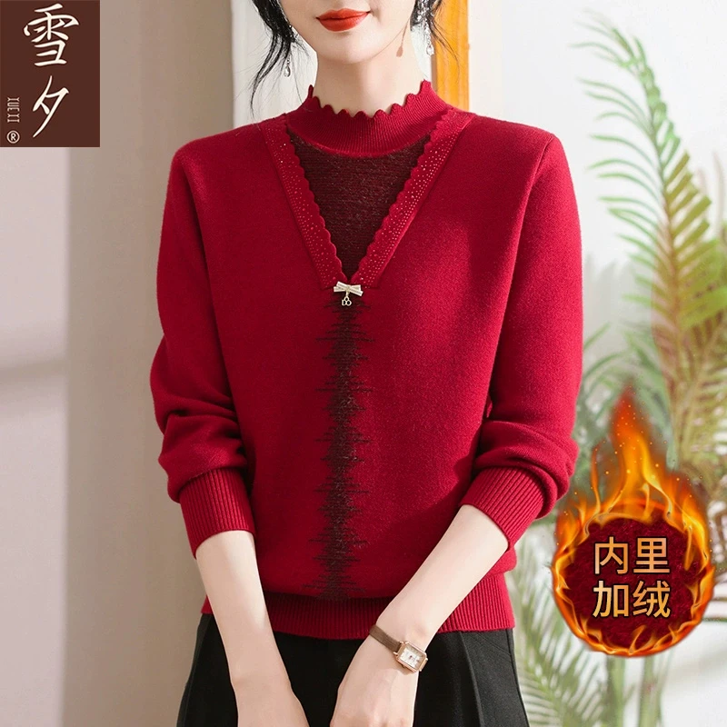 妈妈冬装本命年国风假两件一体绒红色上衣中老年女冬加厚保暖衣服