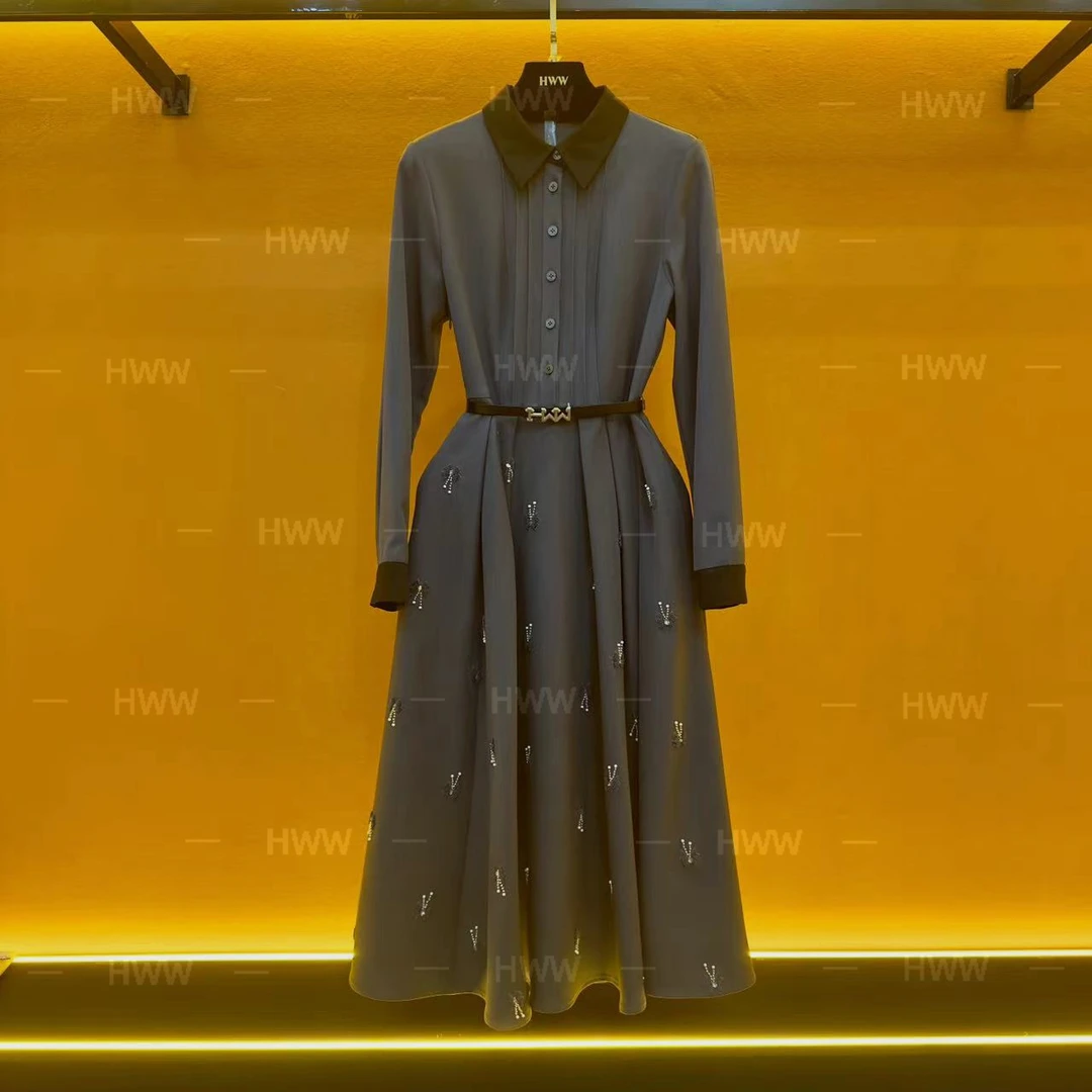HWW轻奢设计师秋季长袖时尚秋冬气质大气女士收腰连衣裙HA110