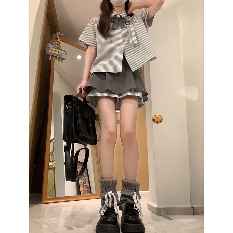 日系学院风jk制服短裙套装女夏季小个子条纹短袖衬衫裙子两件套装