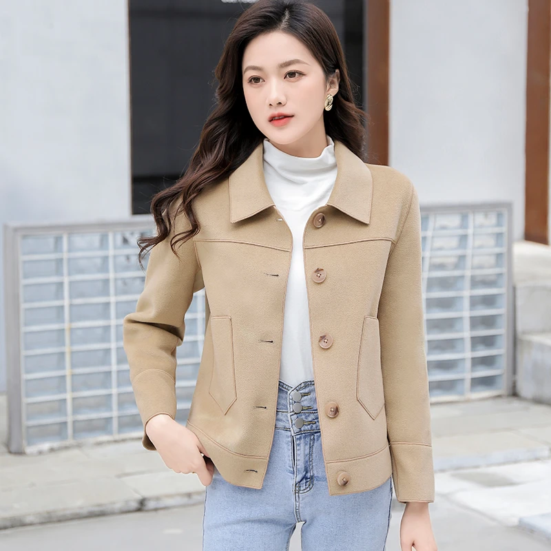 2023新款双面绒大衣女短款外套娃娃领小个子修身显瘦羊毛呢子上衣