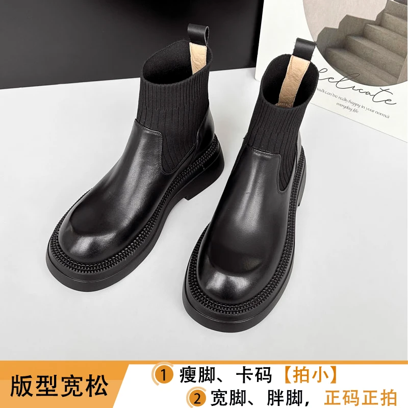 【尺码偏大】AN756B/4cm牛皮短靴袜靴女秋冬加绒圆头厚底粗跟瘦瘦靴