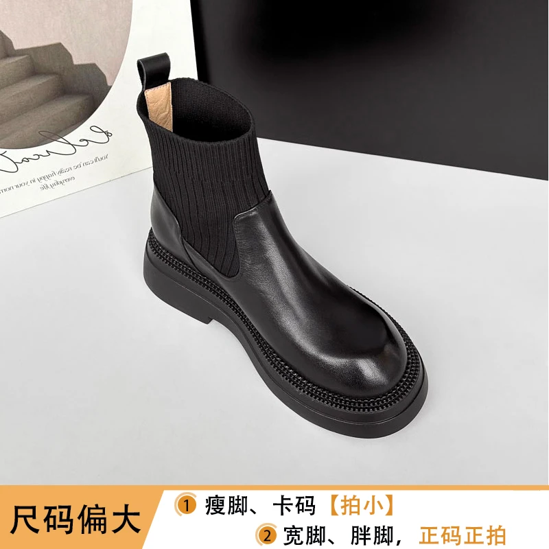 【尺码偏大】AN756/4cm牛皮短靴袜靴女秋冬加绒圆头厚底粗跟瘦瘦靴