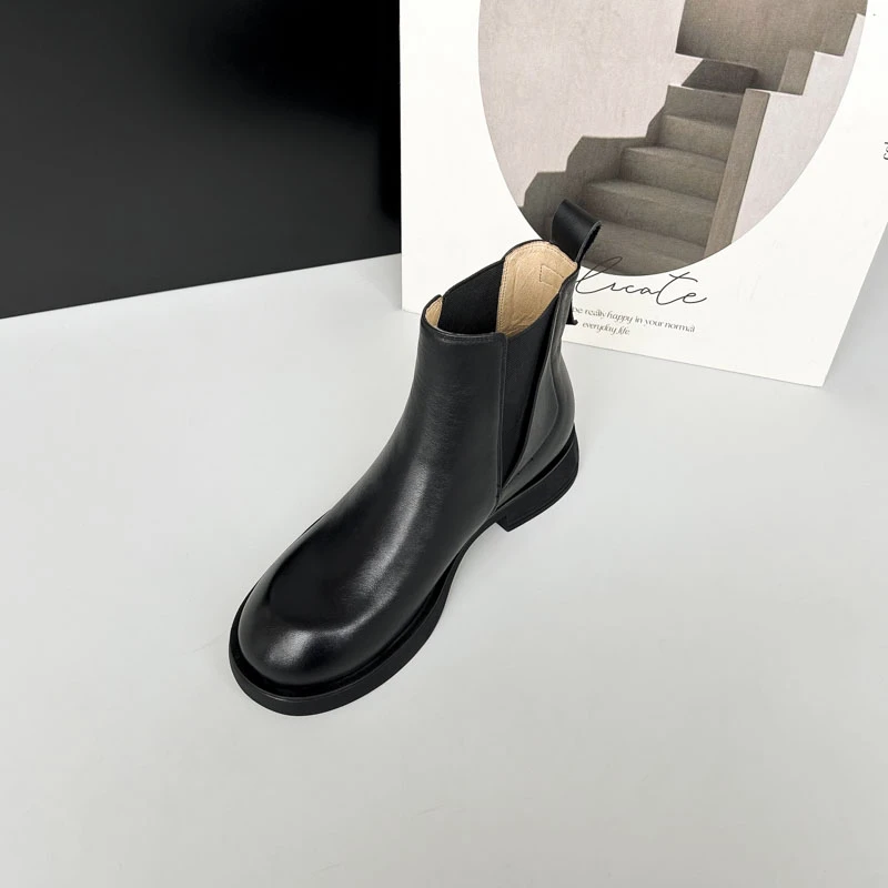 A694/3cm牛皮粗跟短靴女秋冬真皮厚底英伦风圆头短筒切尔西靴子
