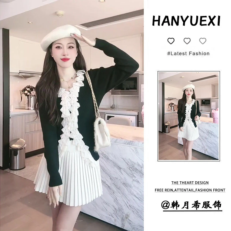 今年流行套装女装2024年秋冬甜美法式荷叶边v领毛衣短裙两件套装