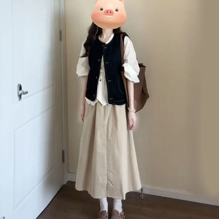 入秋一整套女装2024新款叠穿长袖衬衫牛仔马甲外套半身裙三件套潮