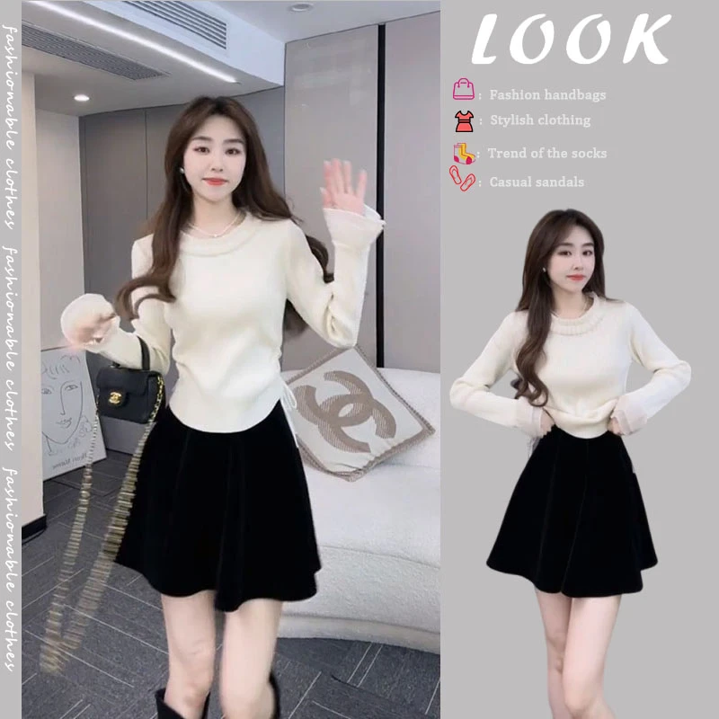 入秋一整套女装2024新款韩版蕾丝拼接假两件针织衫上衣短裙两件套