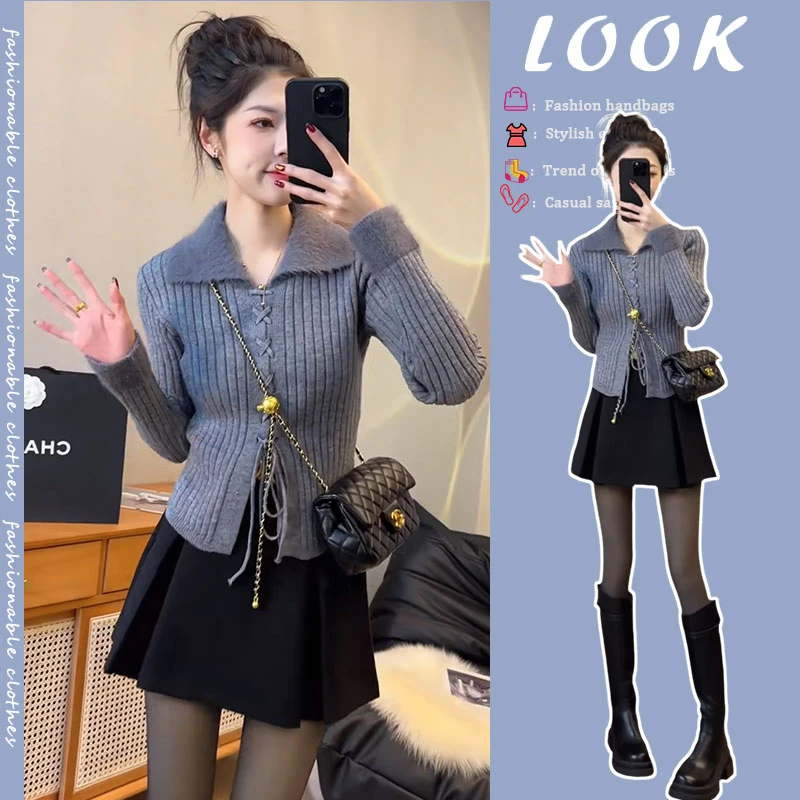 入秋一整套女装2024新款韩版慵懒风时尚通勤针织上衣短裙两件套潮