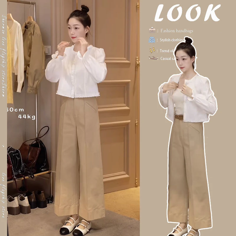 早秋时尚穿搭一整套女2024新款韩版花边设计短款衬衫阔腿裤两件套
