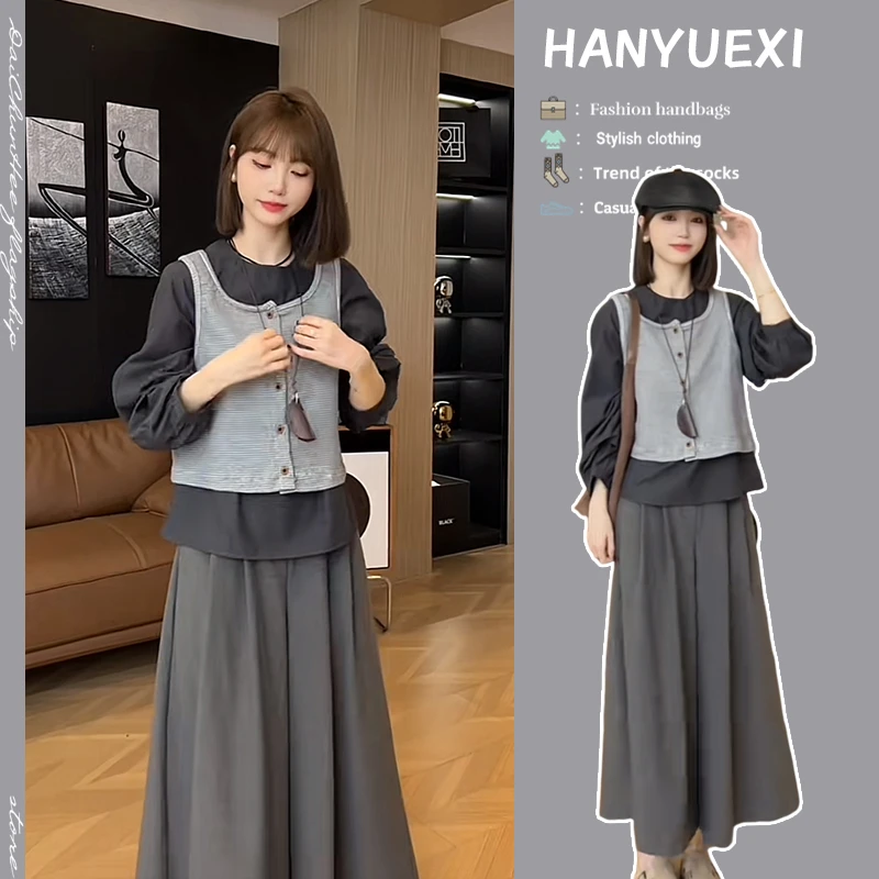 入秋一整套女装2024新款韩版小香风无袖马甲时尚衬衫半身裙三件套